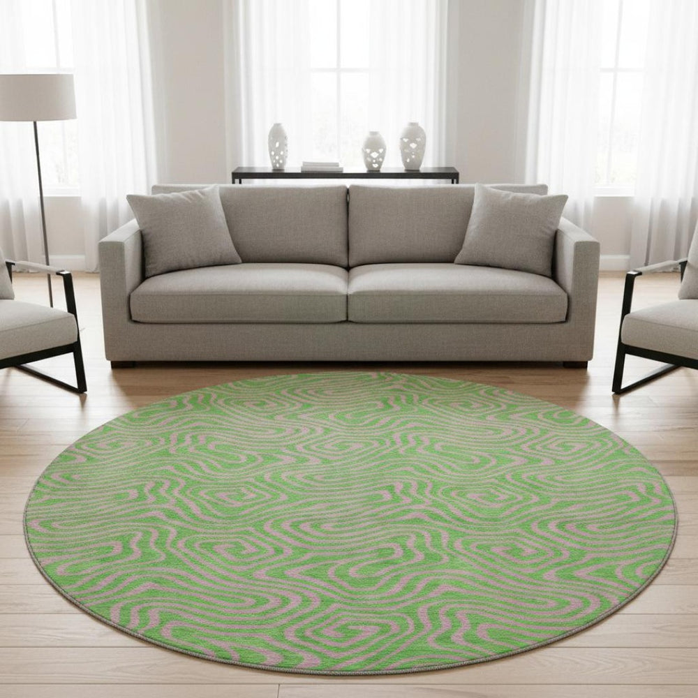 HomeRoots 8' Vibrant Lime Green and Pink Abstract Washable Round Rug with UV Protection for Modern Homes 680966