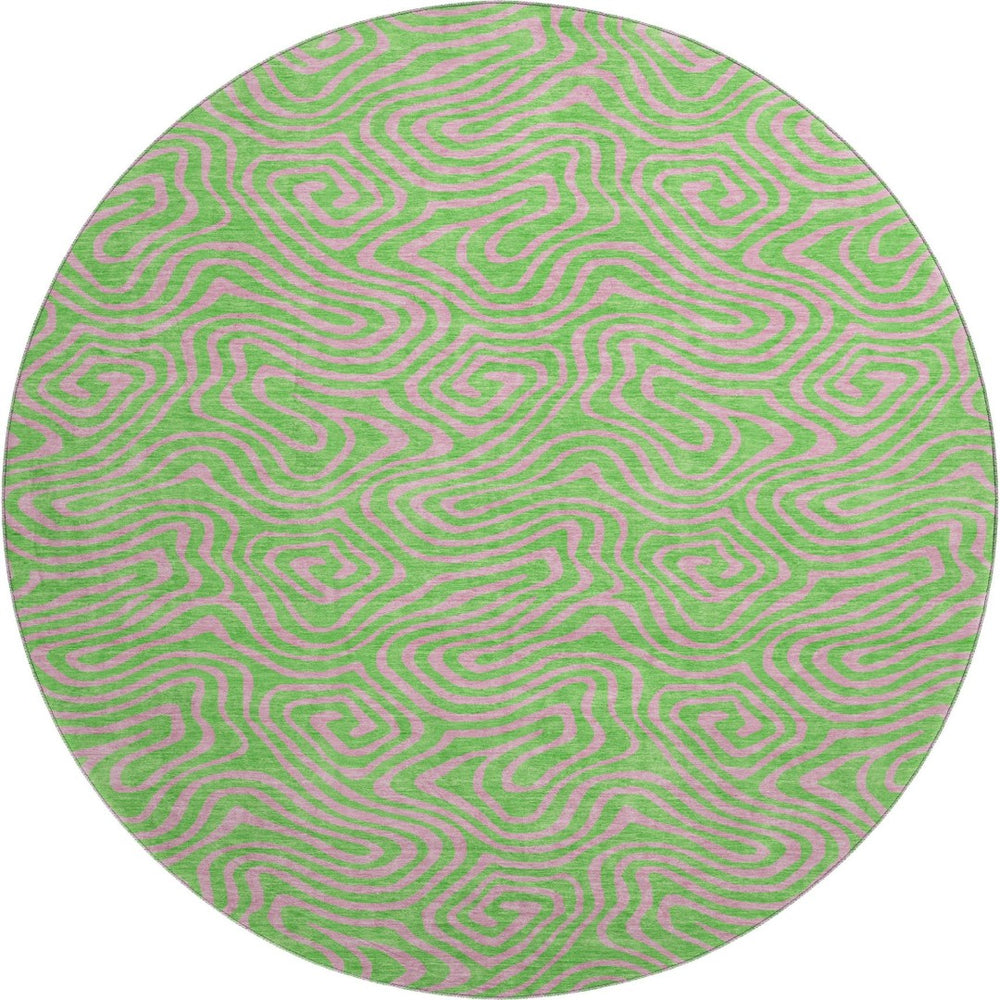 HomeRoots 8' Vibrant Lime Green and Pink Abstract Washable Round Rug with UV Protection for Modern Homes 680966