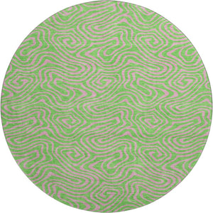 HomeRoots 8' Vibrant Lime Green and Pink Abstract Washable Round Rug with UV Protection for Modern Homes 680966