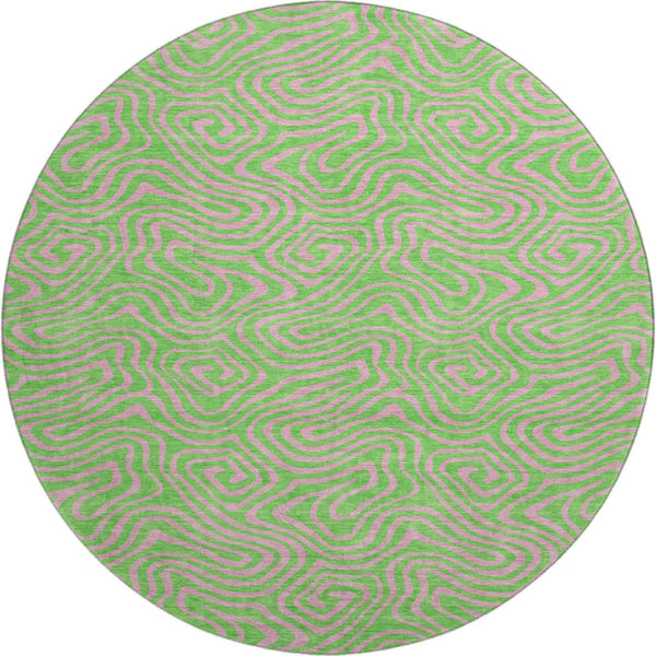 HomeRoots 8' Vibrant Lime Green and Pink Abstract Washable Round Rug with UV Protection for Modern Homes 680966