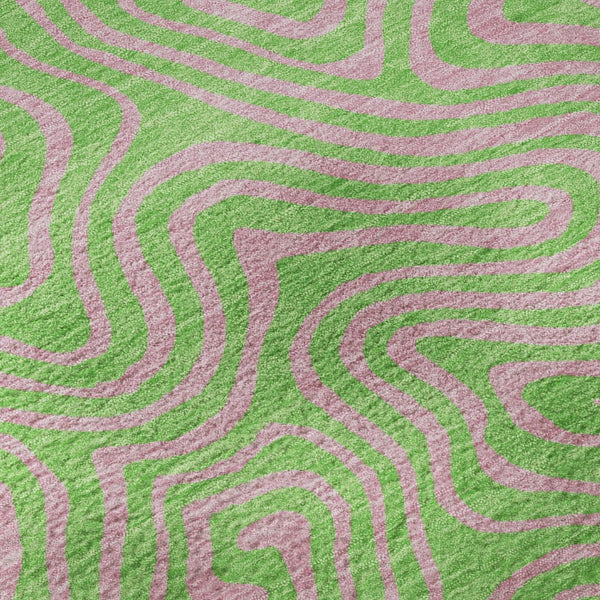 HomeRoots 8' Vibrant Lime Green and Pink Abstract Washable Round Rug with UV Protection for Modern Homes 680966