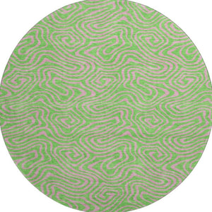 HomeRoots 8' Vibrant Lime Green and Pink Abstract Washable Round Rug with UV Protection for Modern Homes 680966