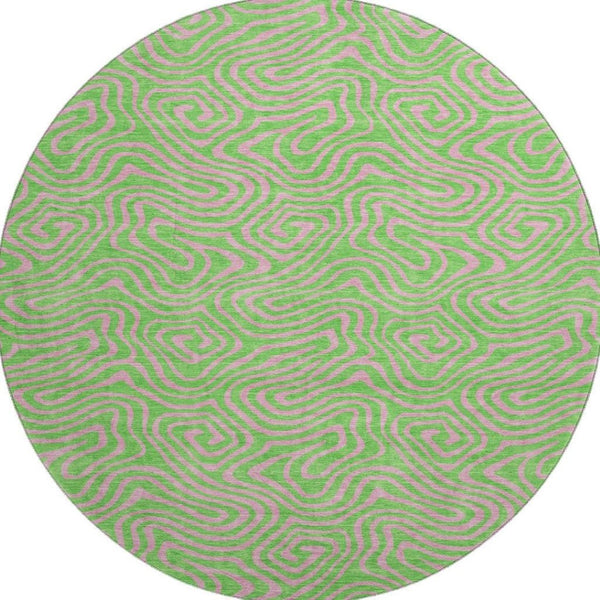 HomeRoots 8' Vibrant Lime Green and Pink Abstract Washable Round Rug with UV Protection for Modern Homes 680966