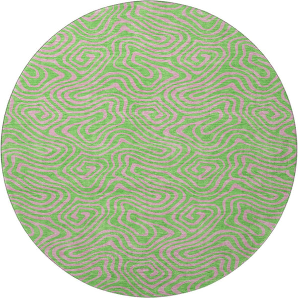 HomeRoots 8' Vibrant Lime Green and Pink Abstract Washable Round Rug with UV Protection for Modern Homes 680966