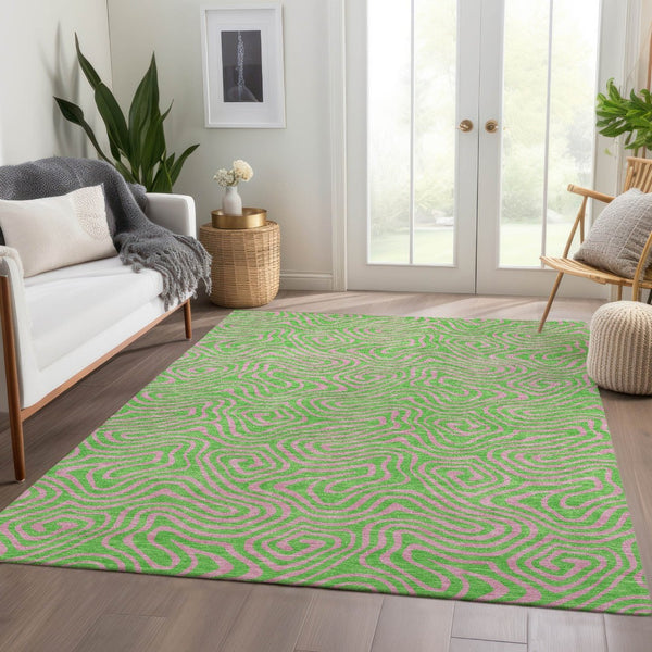 HomeRoots 9' X 12' Vibrant Lime Green and Pink Abstract Washable Area Rug with UV Protection for Homes 680968