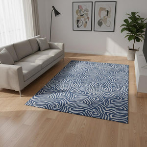 HomeRoots 5' X 8' Navy Blue & White Abstract Area Rug – Washable, UV-Protected, Modern Coastal Design for Any Room 680971
