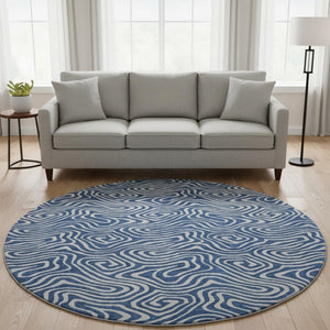 HomeRoots 8' Navy Blue and White Abstract Round Rug - Washable, UV Protected, Stylish for High-Traffic Areas 680972