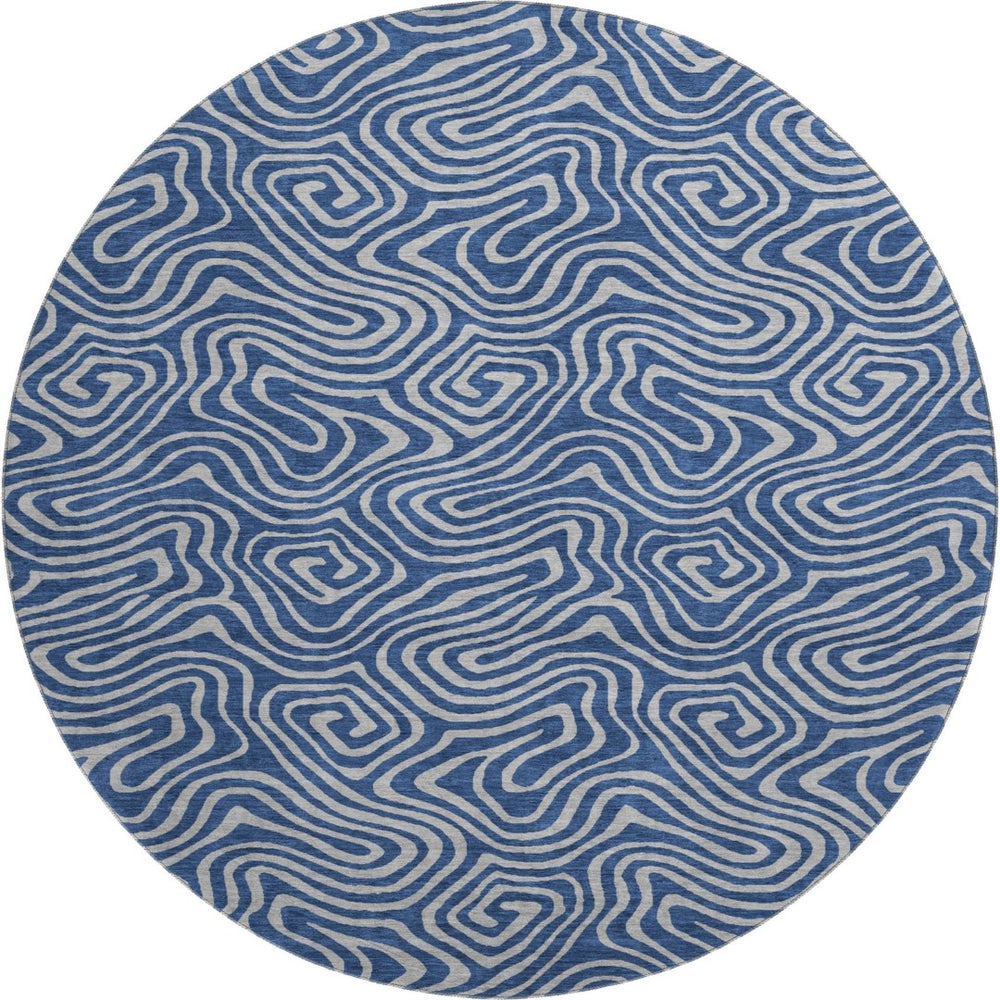 HomeRoots 8' Navy Blue and White Abstract Round Rug - Washable, UV Protected, Stylish for High-Traffic Areas 680972