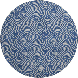 HomeRoots 8' Navy Blue and White Abstract Round Rug - Washable, UV Protected, Stylish for High-Traffic Areas 680972