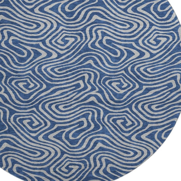 HomeRoots 8' Navy Blue and White Abstract Round Rug - Washable, UV Protected, Stylish for High-Traffic Areas 680972