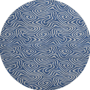 HomeRoots 8' Navy Blue and White Abstract Round Rug - Washable, UV Protected, Stylish for High-Traffic Areas 680972