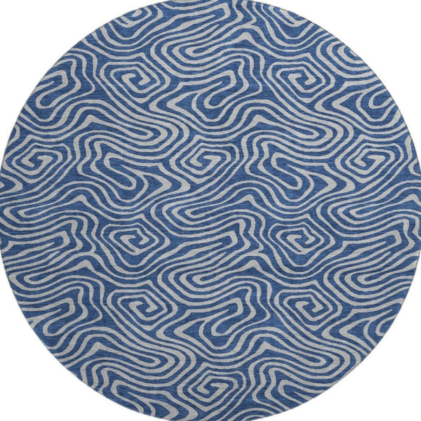 HomeRoots 8' Navy Blue and White Abstract Round Rug - Washable, UV Protected, Stylish for High-Traffic Areas 680972