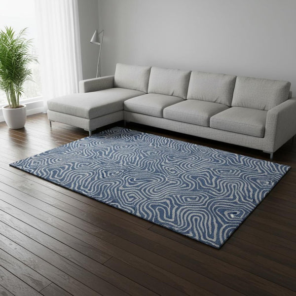 HomeRoots 8' X 10' Navy Blue & White Abstract Area Rug – Washable, UV-Protected, Stylish for High-Traffic Areas 680973