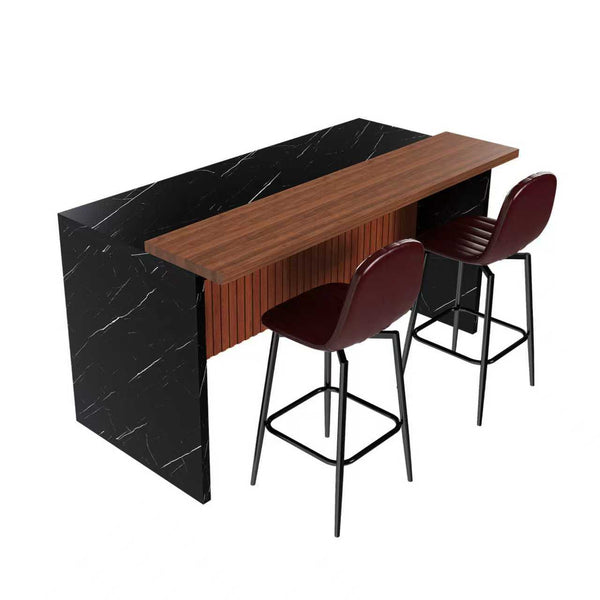 English Elm 63-Inch Modern Kitchen Island Set With 2 Bar Stools - Black Marble Surface, Led Light & Grill Design W2699S00063
