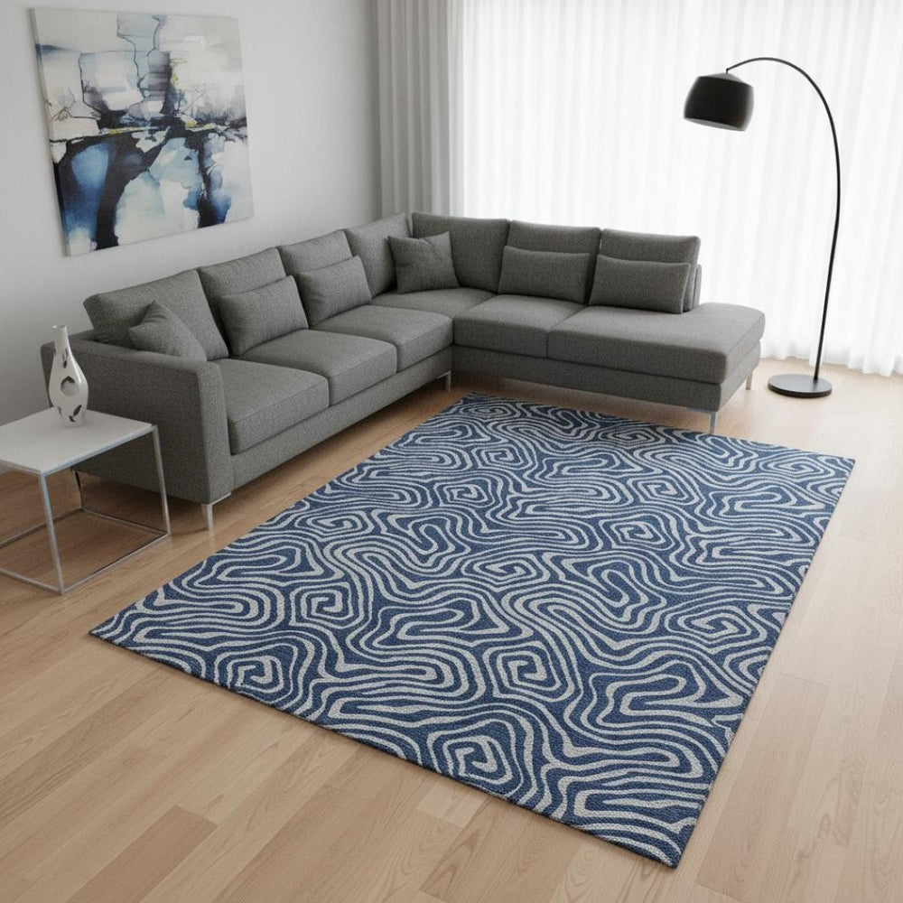 HomeRoots 9' X 12' Navy Blue Abstract Area Rug – Washable, UV Protected, Durable for Homes with Kids & Pets! 680974