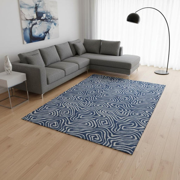HomeRoots 10' X 14' Navy Blue and White Abstract Area Rug - Washable, UV Protected, Stylish for Busy Homes 680975