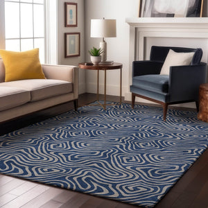 HomeRoots 10' X 14' Navy Blue and White Abstract Area Rug - Washable, UV Protected, Stylish for Busy Homes 680975