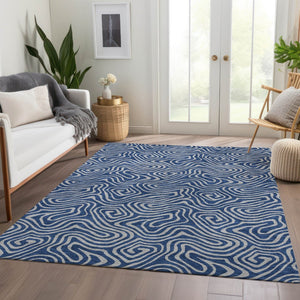 HomeRoots 10' X 14' Navy Blue and White Abstract Area Rug - Washable, UV Protected, Stylish for Busy Homes 680975