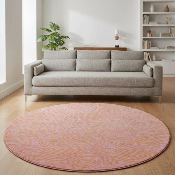HomeRoots 8' Pink and Orange Abstract Washable Round Rug – Durable, UV-Protected, Stain-Resistant Design for Homes 680978