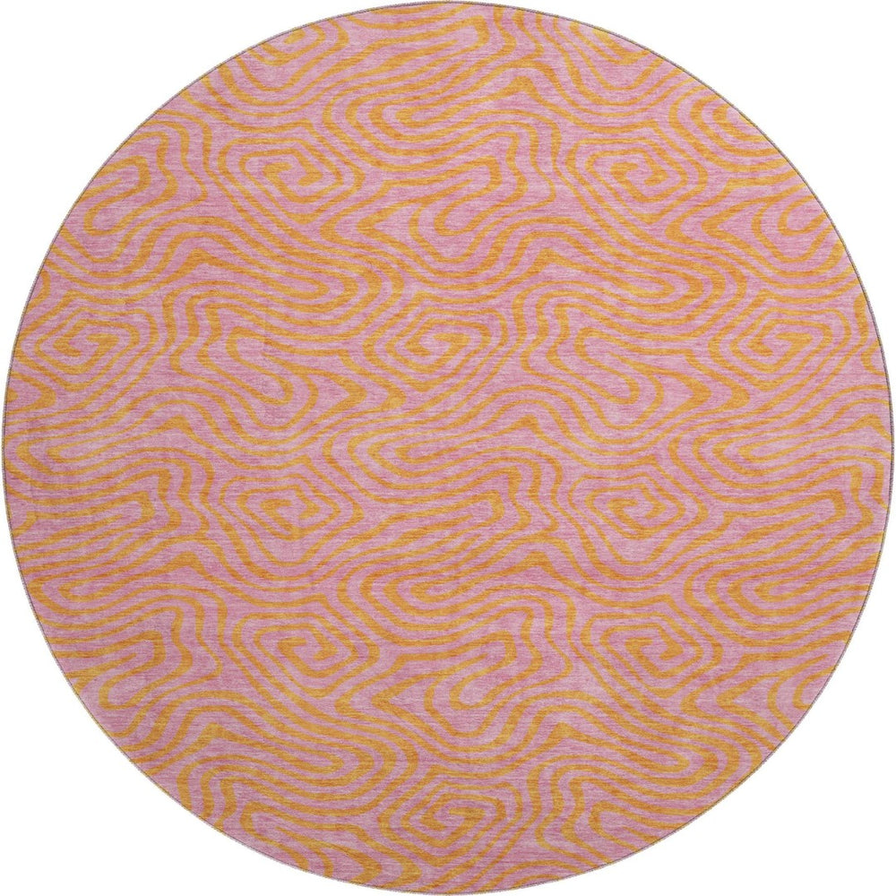 HomeRoots 8' Pink and Orange Abstract Washable Round Rug – Durable, UV-Protected, Stain-Resistant Design for Homes 680978