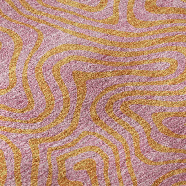 HomeRoots 8' Pink and Orange Abstract Washable Round Rug – Durable, UV-Protected, Stain-Resistant Design for Homes 680978