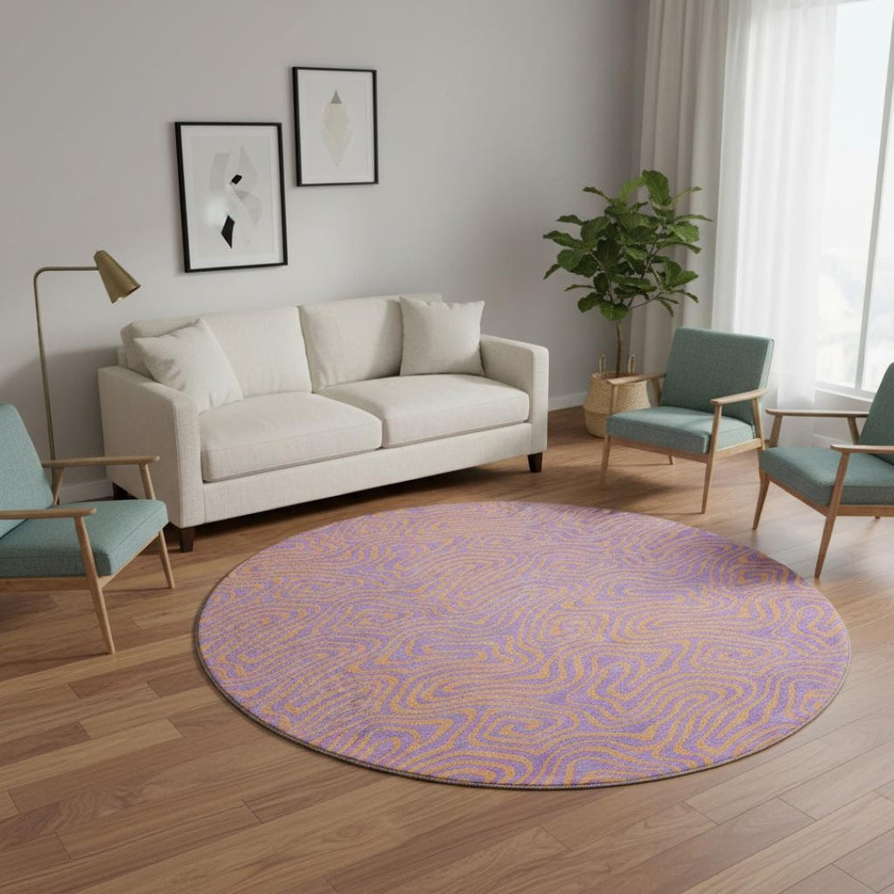 HomeRoots 8' Vibrant Purple and Orange Abstract Round Rug - Washable, UV Protected, Perfect for High-Traffic Areas 680984