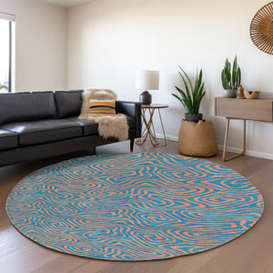 HomeRoots 8' Teal and Peach Abstract Washable Round Rug - Durable, UV-Protected, Perfect for Family Spaces! 680990