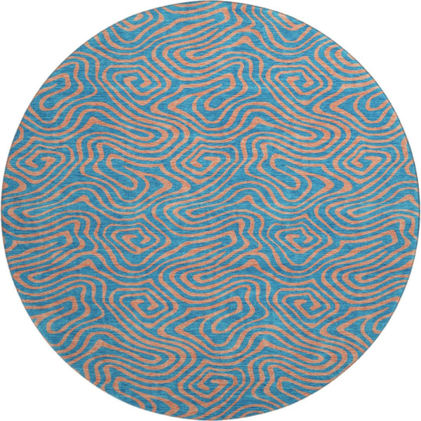 HomeRoots 8' Teal and Peach Abstract Washable Round Rug - Durable, UV-Protected, Perfect for Family Spaces! 680990