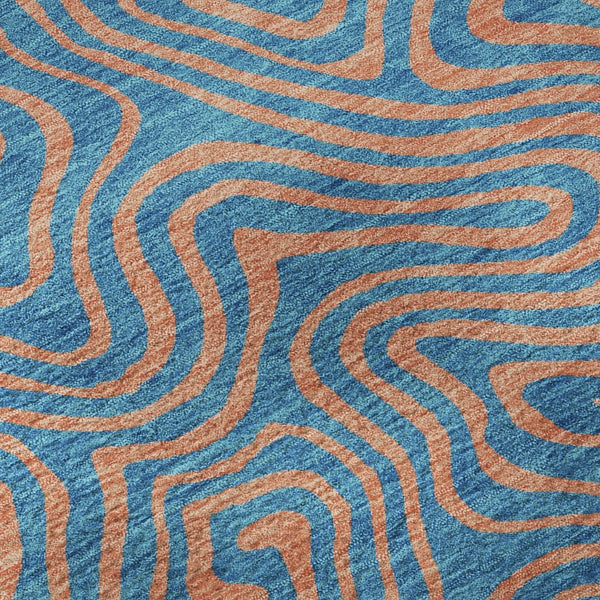 HomeRoots 8' Teal and Peach Abstract Washable Round Rug - Durable, UV-Protected, Perfect for Family Spaces! 680990