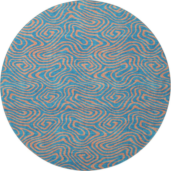 HomeRoots 8' Teal and Peach Abstract Washable Round Rug - Durable, UV-Protected, Perfect for Family Spaces! 680990