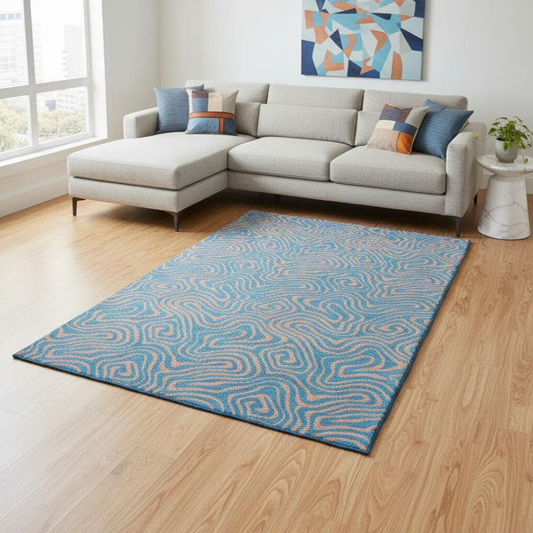 HomeRoots 8' X 10' Teal and Peach Abstract Area Rug - Washable, UV-Protected, Soft, Stain-Resistant Design 680991