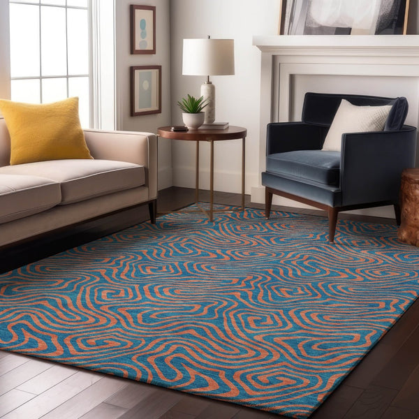 HomeRoots 9' X 12' Teal and Peach Abstract Washable Area Rug - Kid & Pet Friendly, UV Resistant, Durable Design 680992