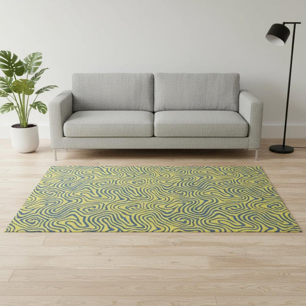 HomeRoots 5' Yellow & Navy Blue Abstract Area Rug - Washable, UV Protected, Durable for Kids & Pets Spaces 680995