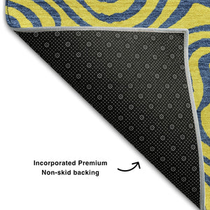 HomeRoots 5' Yellow & Navy Blue Abstract Area Rug - Washable, UV Protected, Durable for Kids & Pets Spaces 680995