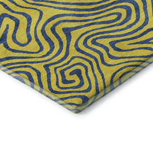 HomeRoots 5' Yellow & Navy Blue Abstract Area Rug - Washable, UV Protected, Durable for Kids & Pets Spaces 680995