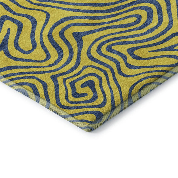 HomeRoots 5' Yellow & Navy Blue Abstract Area Rug - Washable, UV Protected, Durable for Kids & Pets Spaces 680995