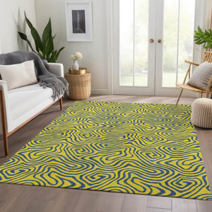 HomeRoots 5' Yellow & Navy Blue Abstract Area Rug - Washable, UV Protected, Durable for Kids & Pets Spaces 680995