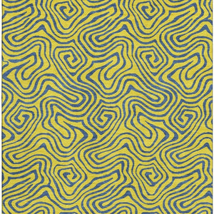 HomeRoots 5' Yellow & Navy Blue Abstract Area Rug - Washable, UV Protected, Durable for Kids & Pets Spaces 680995