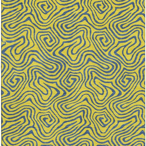 HomeRoots 5' Yellow & Navy Blue Abstract Area Rug - Washable, UV Protected, Durable for Kids & Pets Spaces 680995