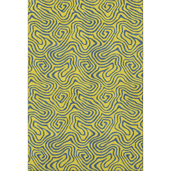 HomeRoots 5' Yellow & Navy Blue Abstract Area Rug - Washable, UV Protected, Durable for Kids & Pets Spaces 680995