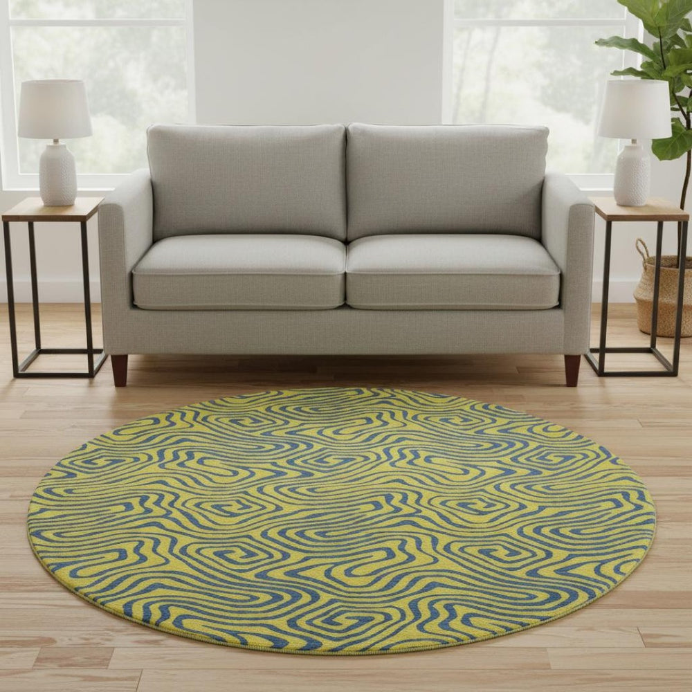 HomeRoots 8' Vibrant Yellow & Navy Blue Abstract Washable Round Rug – Durable, Stain Resistant & UV Protected 680996