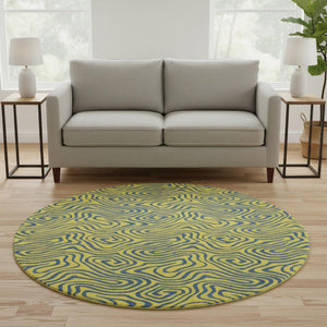 HomeRoots 8' Vibrant Yellow & Navy Blue Abstract Washable Round Rug – Durable, Stain Resistant & UV Protected 680996
