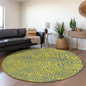 HomeRoots 8' Vibrant Yellow & Navy Blue Abstract Washable Round Rug – Durable, Stain Resistant & UV Protected 680996
