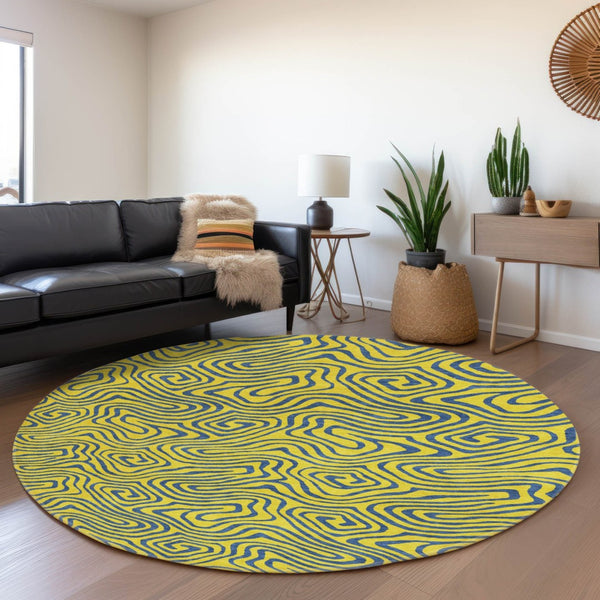 HomeRoots 8' Vibrant Yellow & Navy Blue Abstract Washable Round Rug – Durable, Stain Resistant & UV Protected 680996