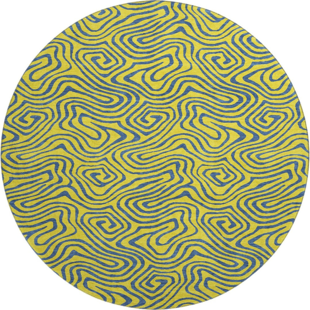 HomeRoots 8' Vibrant Yellow & Navy Blue Abstract Washable Round Rug – Durable, Stain Resistant & UV Protected 680996