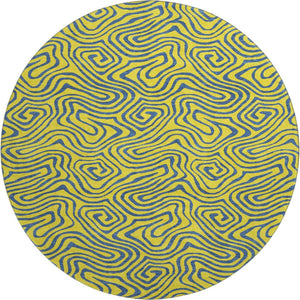 HomeRoots 8' Vibrant Yellow & Navy Blue Abstract Washable Round Rug – Durable, Stain Resistant & UV Protected 680996