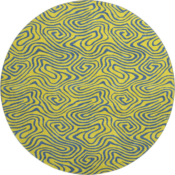 HomeRoots 8' Vibrant Yellow & Navy Blue Abstract Washable Round Rug – Durable, Stain Resistant & UV Protected 680996