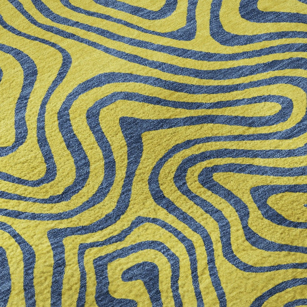 HomeRoots 8' Vibrant Yellow & Navy Blue Abstract Washable Round Rug – Durable, Stain Resistant & UV Protected 680996