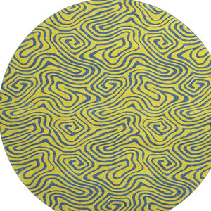 HomeRoots 8' Vibrant Yellow & Navy Blue Abstract Washable Round Rug – Durable, Stain Resistant & UV Protected 680996