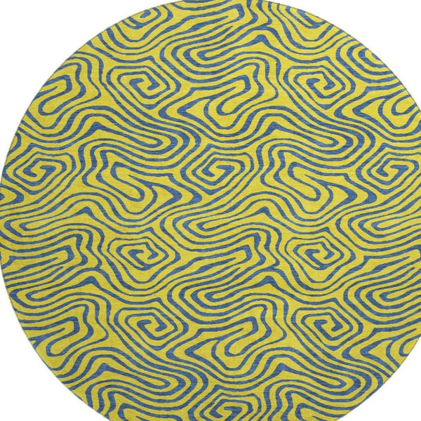 HomeRoots 8' Vibrant Yellow & Navy Blue Abstract Washable Round Rug – Durable, Stain Resistant & UV Protected 680996